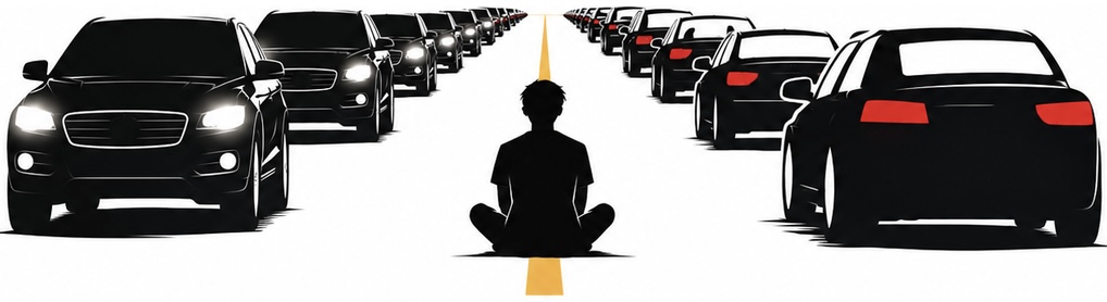 Traffic scene with a seated figure centered on the yellow line
